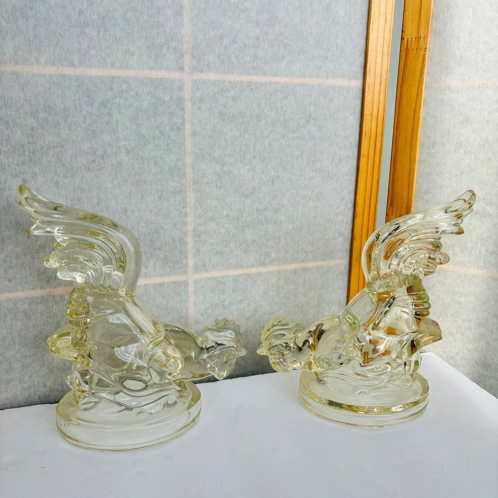 Vintage‎ Yellow Clear Glass Fighting Rooster Book Ends Country Tail Up Farm